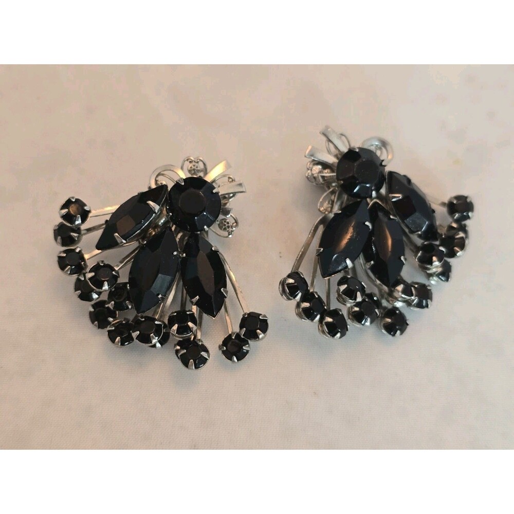 Vintage Black Rhinestone Cluster Clip On Earrings Silver Tone Mid Century #788